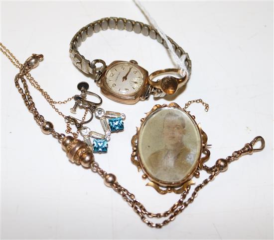9ct gold-cased ladies wristwatch, 9ct-mounted portrait brooch, 9ct signet ring, 4 metal chains & pair paste-set earrings